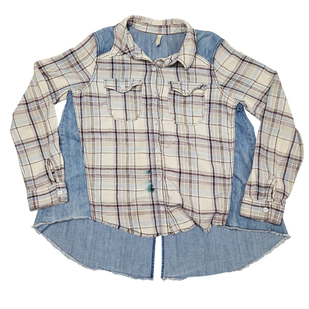 Free People Plaid Denim Back Shirt Medium Cream Blue Patchwork Grunge 2010s